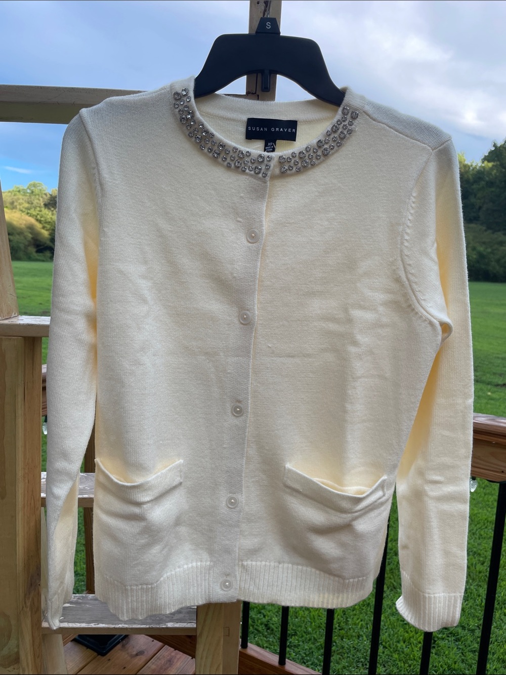 Susan Graver Ivory Knit Cardigan with Jeweled Neckline